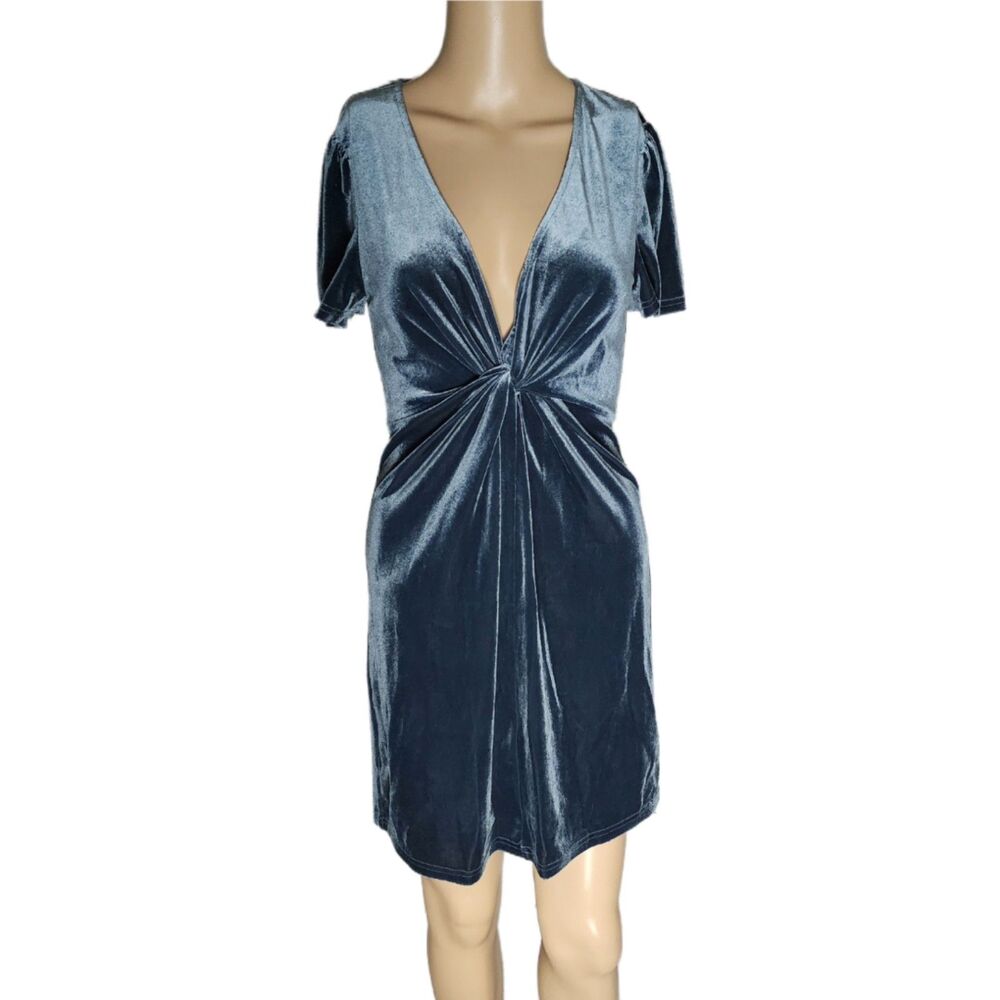 AQUA Alluring Dusty Blue Velvet Twist-Front Mini Dress – XS NWT